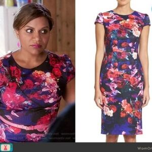 Betsy Johnson Blue Pink Floral Print Cap Sleeve Sheath Midi Dress